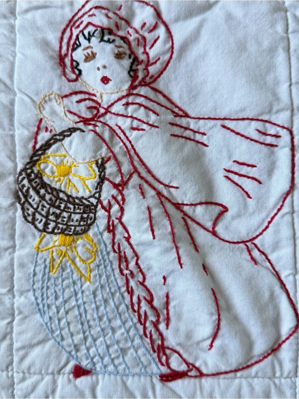 Vintage Embroidered Nursery Quilt Baby Blanket 38x38 Fleece Back Storybook